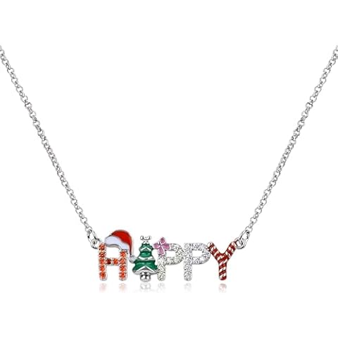Silver Christmas HAPPY Pendant Necklace 14K White Gold Plated Cute Cubic Zirconia HAPPY Letter Necklace with Enamel Santa Hat Christmas Tree Pink Flower Adjustable Party Xmas Jewelry Gift for Women Cover