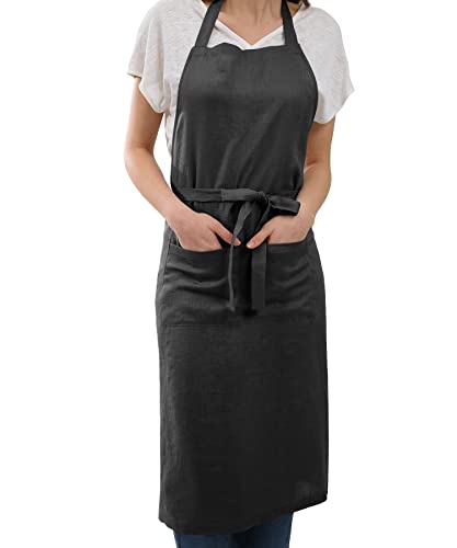 Tablier de cuisine lavable en lin avec poches pratiques pour ranger vos ustensiles de chef noir