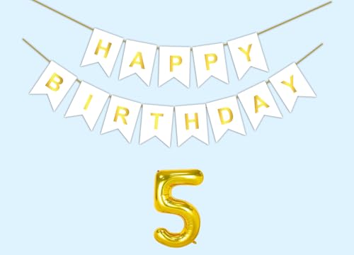 Image of 5th Happy Birthday Decoration Kit White for 5 year Old Boys Girls Baby with Number Five Party Decorations Decor Celebration Items Item Set Combo Reusable Paper Banner