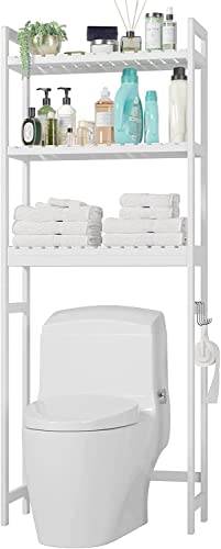 FOREHILL Estantería Baño Encima WC con 3 Estantes, Estantería sobre Inodoro, Organizador sobre Inodoro, Estantería Bambú Baño, para Toallas, Artículos de Tocador, Blanco, 163x26x63.5cm