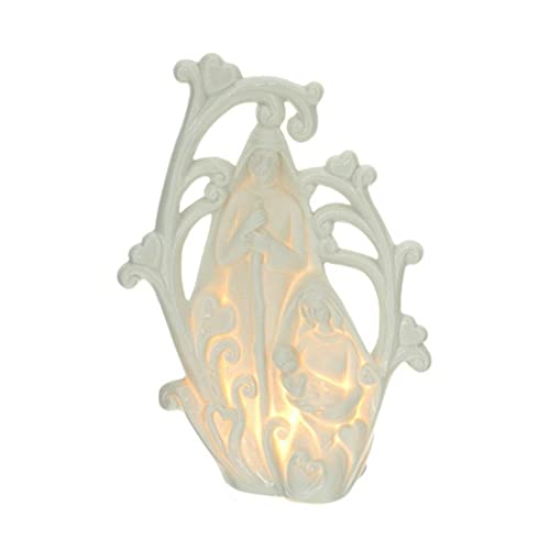 Hervit Decorazione Natalizia natività Sacra Famiglia in Porcellana Bianca Luce LED a Batteria H22cm