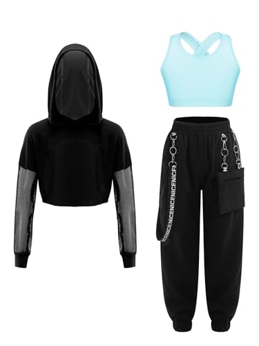inlzdz Kinder Mädchen 3 Teiliges Hiphop Street Dance Outfit Hoodie Crop Top Jogginghose Jogger Anzug Tanz Outfit Bühnen Performance Hellblau 146-152