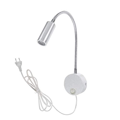 WeFoonLo 3W Lámpara de lectura de pared con lámpara de lectura de pared de cuello de cisne flexible con enchufe e interruptor para dormitorio, oficina, mesa de trabajo, estudio (01 plata cálido)