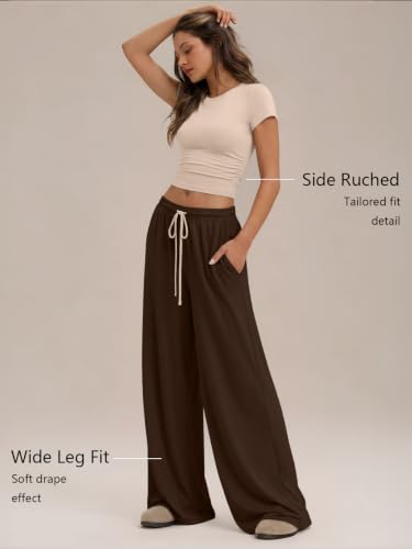 Image of Trendy Queen 2 Piece Matching Summer Lounge Set Womens Side Ruching Top Wide Leg Pants Sets with Pockets
