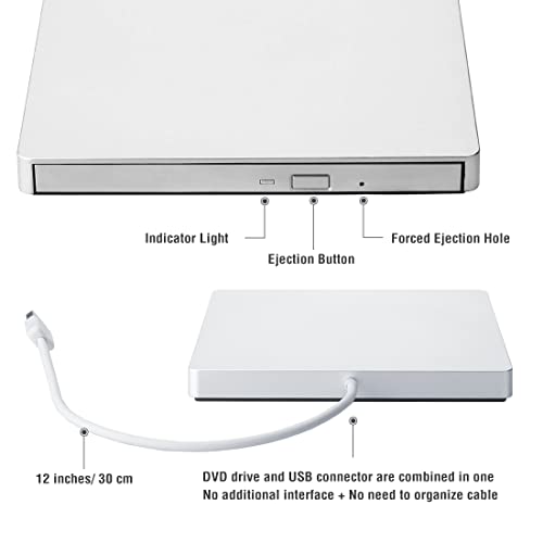 Roofull External Cd Dvd +/-Rw Drive Usb 3.0 Type-C Premium Cd Dvd Rom Optical Disc Drive Player Burner Reader Writer Rewriter Portable For Apple Mac Macbook Pro/ Air, Windows 11/10 Laptop Pc, Silver #TOP1