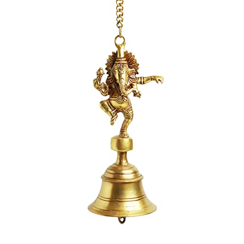 Image of ExclusiveLane 'Dancing Ganpati' Pure Brass Hanging Bells for Pooja Room (Set of 2, 3.4 x 3.4 x 9.3 Inch, 2.5 Kg) | Brass Bells for Mandir Temple Bell Hanging Temple Bells for Home Decoration
