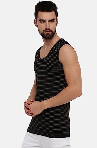 Image of RAMRAJ COTTON Men's Assorted Super Light Sleeveless Combed Cotton|Striped Vest /Banian