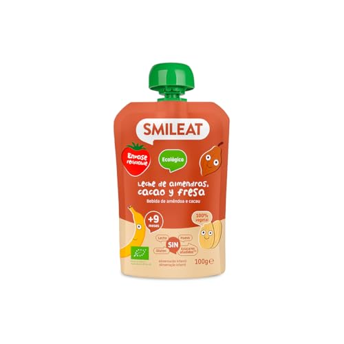 Smileat - Pouch de Frutas Ecológicas - Sin Sal ni Azúcar Añadido, Sin Gluten - Snack Práctico para Peques - Sabor a Leche de Almendras, Cacao y Fresa