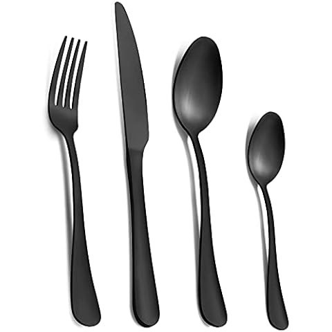 Cutlery Set, Pleafind Matte Black Cutlery Set for 4, 16 Piece Silverware Set, Stainless Steel Knife and Fork Set, Flatware Set, Dishwasher Safe Cover