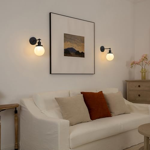Image of Phansthy 1-Light Wall Sconce, Brass Boho Bathroom Vanity Light, Modern Wall Light with Globe Glass Shade E26 Base, Adjustable Wall Lighting Fixtures for Bedroom, Living Room (Black, White Shade)