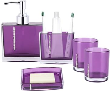 Estink Ensemble de Salle de Bain Moderne en Acrylique, 5 Pièces avec Distributeur de Savon, Porte Brosse à Dents, Porte-Savon, 2 Tasses, Design Luxueux, Violet