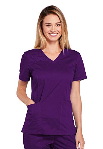 Cherokee Women's Workwear Core Stretch V-Neck Top, Eggplant, X-Small