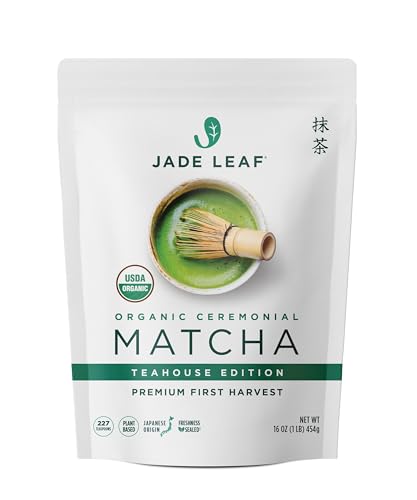 Jade Leaf Matcha Organic Premium Ceremonial Grade Matcha Green Tea Powder - Japanese - Culinary, Ingredient, Ceremonial Barista Teahouse, Latte, Collagen, 16 Ounce (Pack of 1), Ceremonial Teahouse