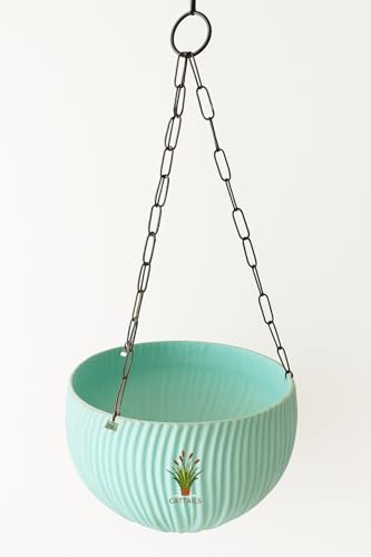 Image of Hanging Flower Pots with Chain - Set of 4 | Eco-Friendly White Plastic Planters for Balcony, Indoor & Outdoor Use | Round Ribbed Design (Light Blue 4 Pieces)