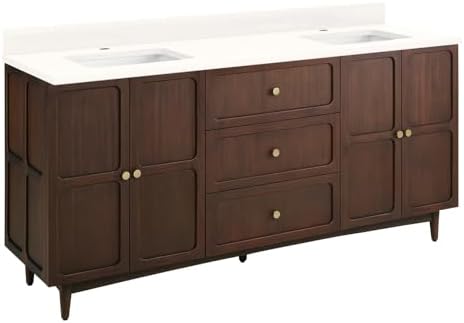Signature Hardware 953980-72-RUMB-1 Delavan 72" Freestanding Mahogany Double Basin Vanity Set with Cabinet, Vanity Top, and Rectangular Undermount Sinks - Single Faucet Holes - Cold Brew/Arctic
