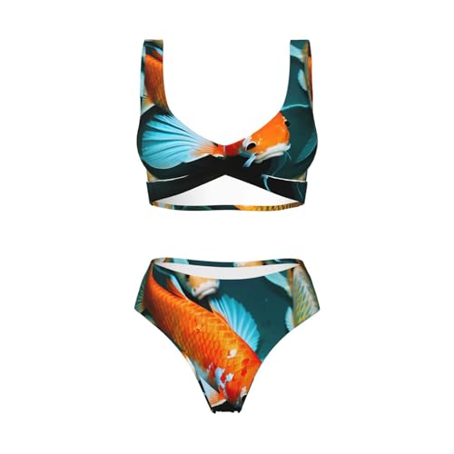Bikini 2 pièces gainant pour femme avec haut ajustable imprimé koï HD - 4