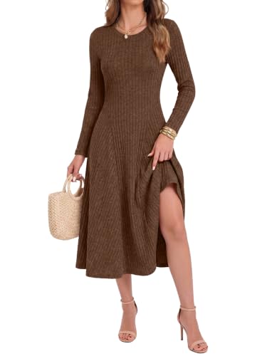 ANRABESS Womens Long Sleeve Ribbed Knit Fall Midi Dresses,Brown,M