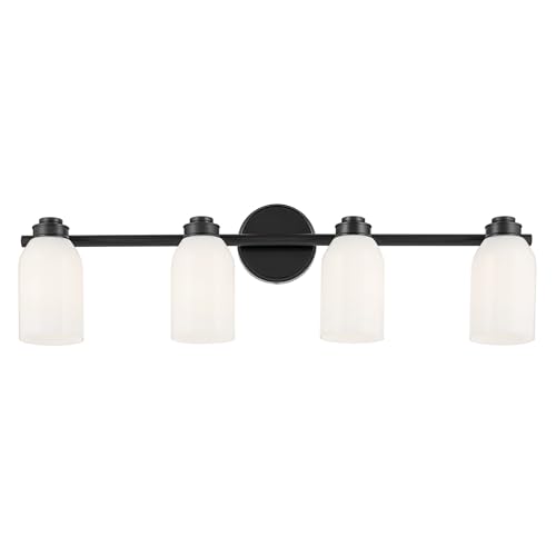 Image of Kichler Shae 4-Light Bathroom Vanity Light, Black | White opal glass vanity light for modern bathroom mirrors (32.25 inch x 9 inch), 55203BK
