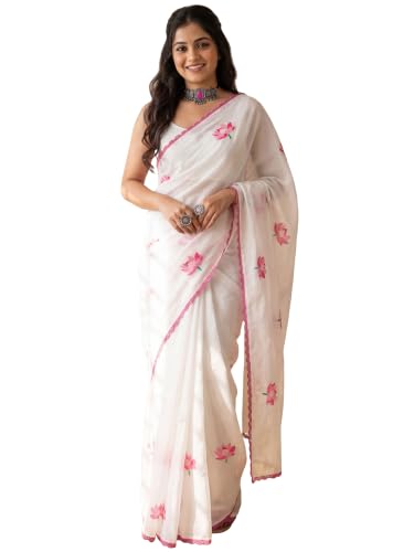 Image of AKHILAM Women's Shimmer Off White Chanderi Cotton Floral Hand Paint Embroidered Lace work Saree With Unstitched Blouse Piece | saree for woman | Designer Saree for Women | Soft and Skin Friendly