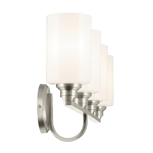 Image of Kichler Gioe 32.25 in 4-Light Bathroom Vanity Light Fixture with Opal Glass in Brushed Nickel, Modern Wall Mount Over Mirror for Powder Room, Damp Rated (32.25 in W x 10.5 in H), 55227NI