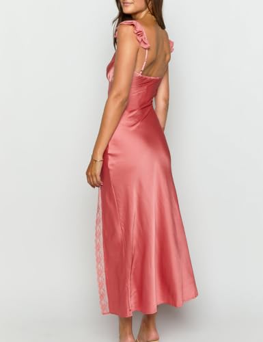Image of KOUNAI Women's Satin Summer Lace Slit Formal Midi Dress for Wedding Guest | Silk,Elegant,Ruffle Sleeve,Cocktail,Bridesmaid, Beach, Vacation,Party,Adjustable Straps,Graduation,Baby Showe,Engagement