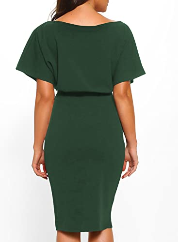 Happy Sailed Business Pencil Office Dress For Women Casual Batwing Sleeve Waist Belted Wrap Midi Bodycon Cocktail Party Dresses With Slit Green Small #TOP1