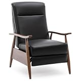 Bowery Hill Leather Wood Arm Push Back Recliner, Black Finish, Top Grain Aniline-Dyed Leather, Chestnut Brown Wood Arms, Cushioned Headrest, Padded Footrest, 3-Position Mechanism, 34'W x 42.5'D x 59'H