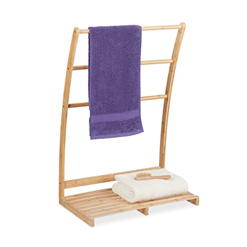 Relaxdays Portatoallas de Pie con Balda Curvo, 3 Barras y 1 Repisa, 85,5 x 57 x 35 cm, Autónomo, Toallero Baño, Natural, Bambú