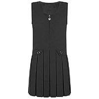 Girls Pleated Pinafore School Dress, Sleeveless Uniform Heart Front Zip & Side Buttons, Smart Summer Schoolwear Dresses (Grey, 9-10 Years)