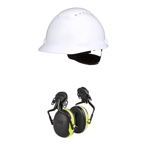3M Hard Hat SecureFit H-701SFV-UV, White, Vented Cap Style, ANSI Z87.1, Medium + 3M PELTOR X Series X4P5E, Cap Style Hard Hat Attached, Noise Protection NRR 25 dB, Electrically Insulated