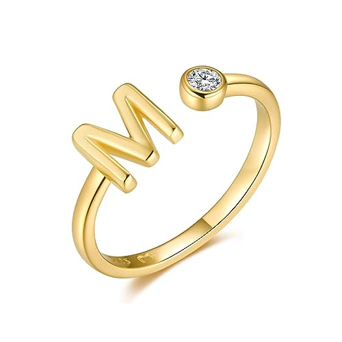 MARLION JEWELS Anillo abierto de mujer en plata de ley con tu letra inicial y una circonita blanca. Anillo plata mujer con acabado plateado o dorado. Joyería ideal para parejas, regalo para amigas.