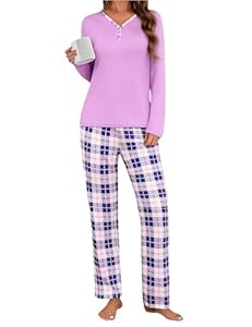 Uniexcosm Schlafanzug Damen Lang Zweiteiliger Herbst Winter Pyjama Set Baumwolle V-Ausschnitt Oberteil und Karierte Pyjamahose Schlafanzüge für Frauen B:Hellviolett XL