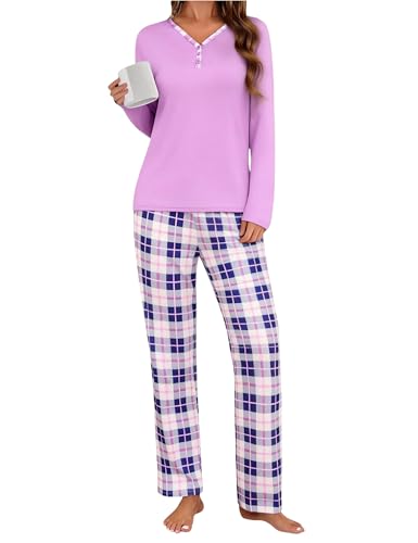 Uniexcosm Schlafanzug Damen Lang Zweiteiliger Herbst Winter Pyjama Set Baumwolle V-Ausschnitt Oberteil und Karierte Pyjamahose Schlafanzüge für Frauen B:Hellviolett L
