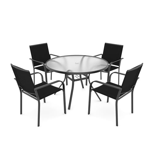 Image of Anmutig 5-Piece Outdoor Patio Dining Set, 40-Inch Round Glass Table with 4 Stackable Chairs, Black