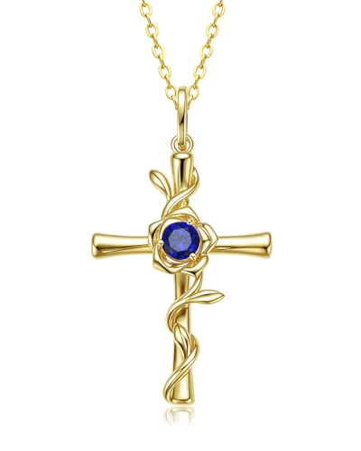 Birthstone Cross Necklace for Women, 14K Gold Plated Rose Flower Pendant, 925 Silver Faith Christian Religious Jewelry Baptism Confirmation Gift Christmas Birthday Present for Her Wife Girlfriend Mom