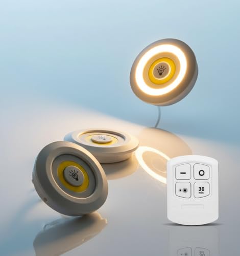 Image of Auslese Wireless Under Cabinet LED Puck Lights with Remote Battery Powered Adjustable Dimmable COB Night Lamps with Timer for Kitchen Wardrobe Closet Bedroom Stairway (3 Pack)