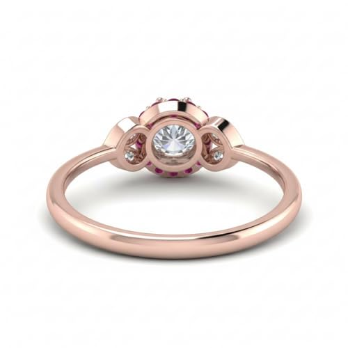 Image of Rose Gold Plated Diamond CZ & Blue Sapphire Petal Halo Engagement Ring for Women, Petite Round Shape Wedding & Everyday Jewelry, Handmade Gift for Wife US Size 4-12