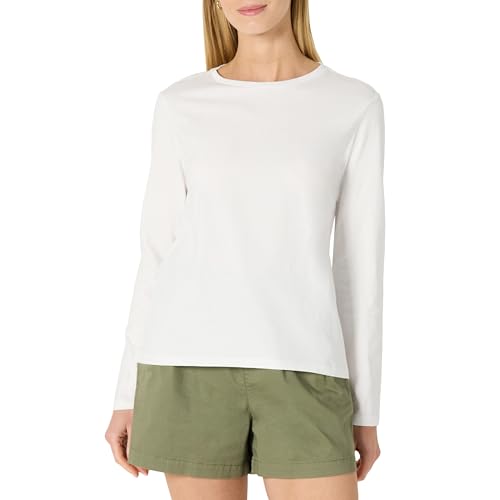 Amazon Essentials Camiseta de Cuello Redondo, Manga Larga, Corte Regular, 100% Algodón Mujer, Blanco, XXS
