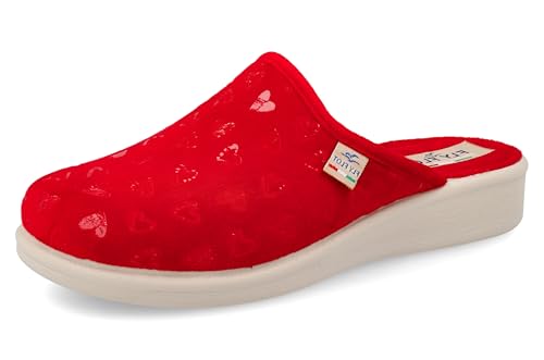 Fly Flot Ciabatta Donna Invernale In Tessuto con Cuoricini, Sottopiede Antishock, Sandalias deslizantes Mujer, Rojo, 41 EU