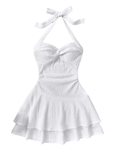 Girl's Twist Front Halter Mini Dress Y2k Layered Ruffle Tie Backless Party Cami Dresses