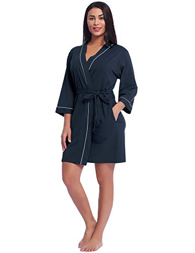 Cherrydew Lightweight Dressing Gown Knit Kimono Robe with Pockets Cotton Bath Robes Plus Size (Navy Blue, XXL) Cherrydew Lightweight Dressing Gown Knit Kimono Robe with Pockets Cotton Bath Robes Plus Size (Navy Blue, XXL)