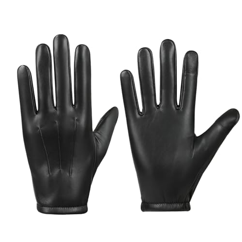 LUFFLOK Luvas pretas para homem em couro PU sintético com ecrã tátil, luvas quentes de inverno com forro fino de pelúcia, luvas macias para condução em limas frias para homem e mulher, Preto