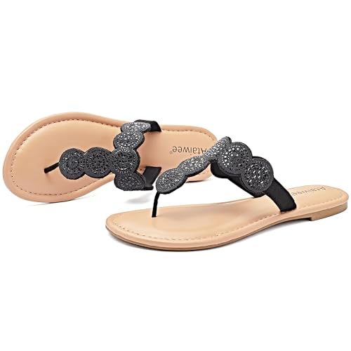 Image of Ataiwee Women's Bohemian Bling Flat Slide Sandals - Casual Summer Thong Sandals with Rhinestone Decor, Rubber Sole, Lightweight & Comfortable for Casual Attire Strappy Sandals.