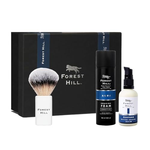 Forest Hill Men Grooming Gift Set, Pack of 3 Luxury Shaving Kit, Ashford Post Shave Balm 100ml, Aqua Shaving Foam 266ml and Easy Grip Soft Hair Lincoln White Shaving Brush, Ideal For Personal and Professional Salon