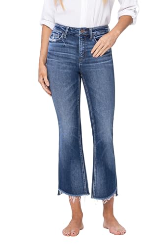 Flying Monkey High Rise Step Hem Cropped Flare Jeans Dark Blue F5245-30