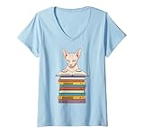 Photo Gallery donna simpatico gatto sphynx che legge sul mucchio di libri divertente maglietta con collo a v Photo Gallery donna simpatico gatto sphynx che legge sul mucchio di libri divertente maglietta con collo a v