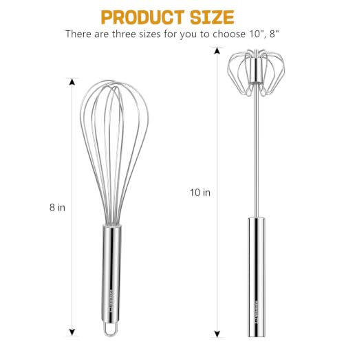 Image of NileHome Stainless Steel Whisk 8 inch Hand Blender + 10 inch Semi-Automatic Rotary Kitchen Whisk Kitchen Wisk Wire Whisks for Cooking, Whisking, Blending, Beating, Stirring- 2 Pack...
