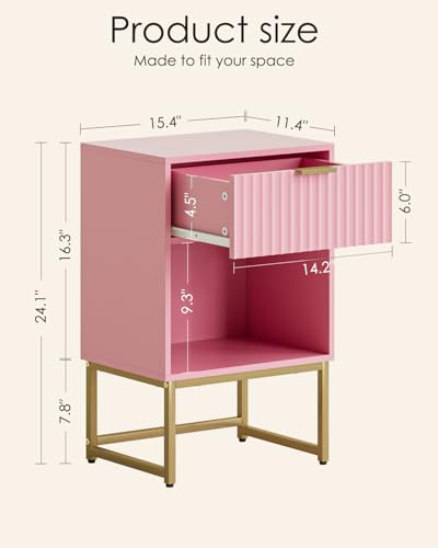 Image of Masupu Fluted Nightstand, Modern Night Stand Wood Bedside Table with Storage Drawer Side End Table for Bedroom, Office, Pink