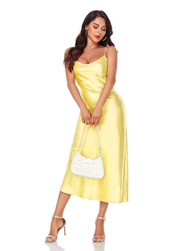 Image of Women's Spaghetti Strap Midi Satin Silk Dresses Slip Cowl Neck Party Cocktail Evening Sexy Dress