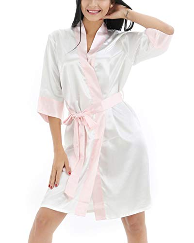YINSY Frauen-Reizvolle Satin-Nachthemd Mit V-Ausschnitt Nachtwäsche Nachtwäsche Kimono Roben Bademantel,White + pink,XXL Cover